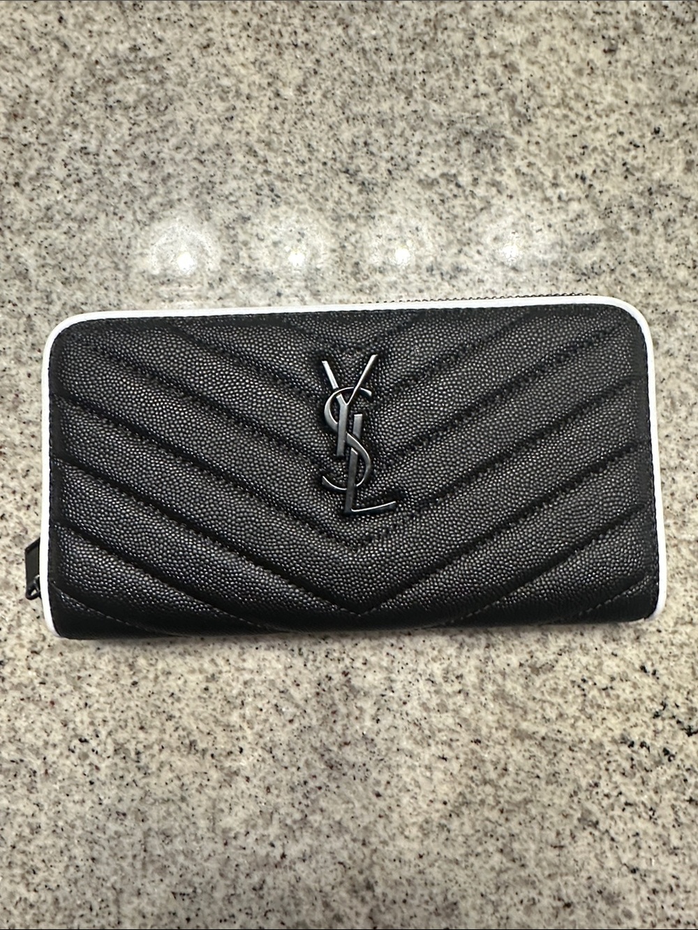 YSL Black Pebbled leather zip wallet with white trim